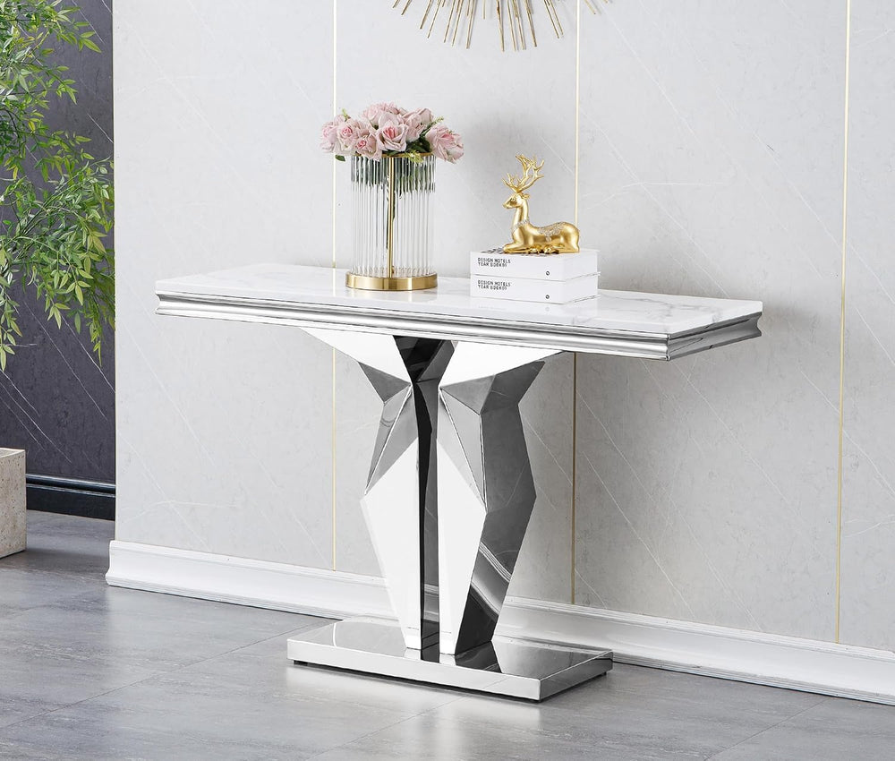SSLine Modern White Faux Marble Console Table Luxury Entryway Table with Silv...