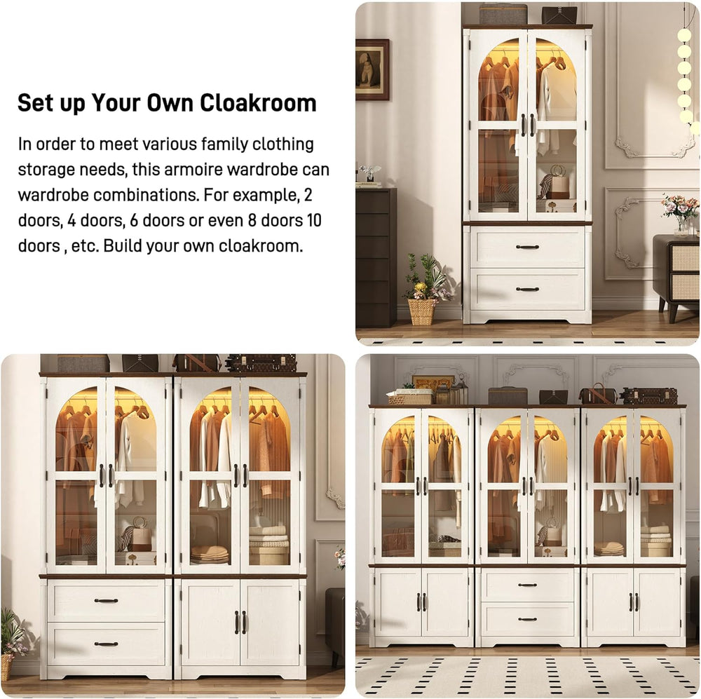 Tall Farmhouse 2 Doors Armoire Wardrobe Closet with LED ,72" Freestandin...