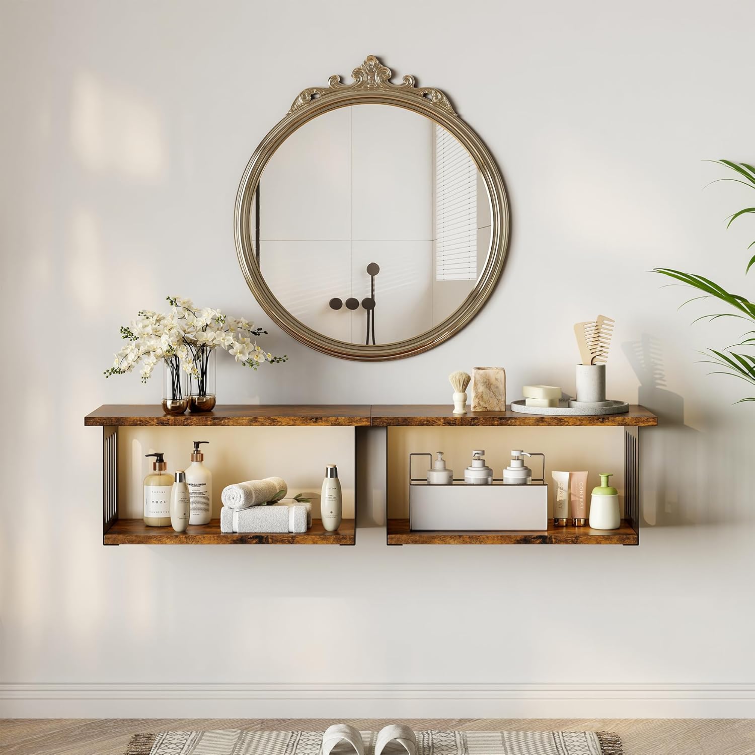 Floating Nightstand Set of 2, 2-Tier Floating Shelves Wall Mounted,Floating Bedside Table Wall Shelf,Display Wall Shelves for Bedroom,Living Room, Bathroom, Kitchen,Rustic Brown