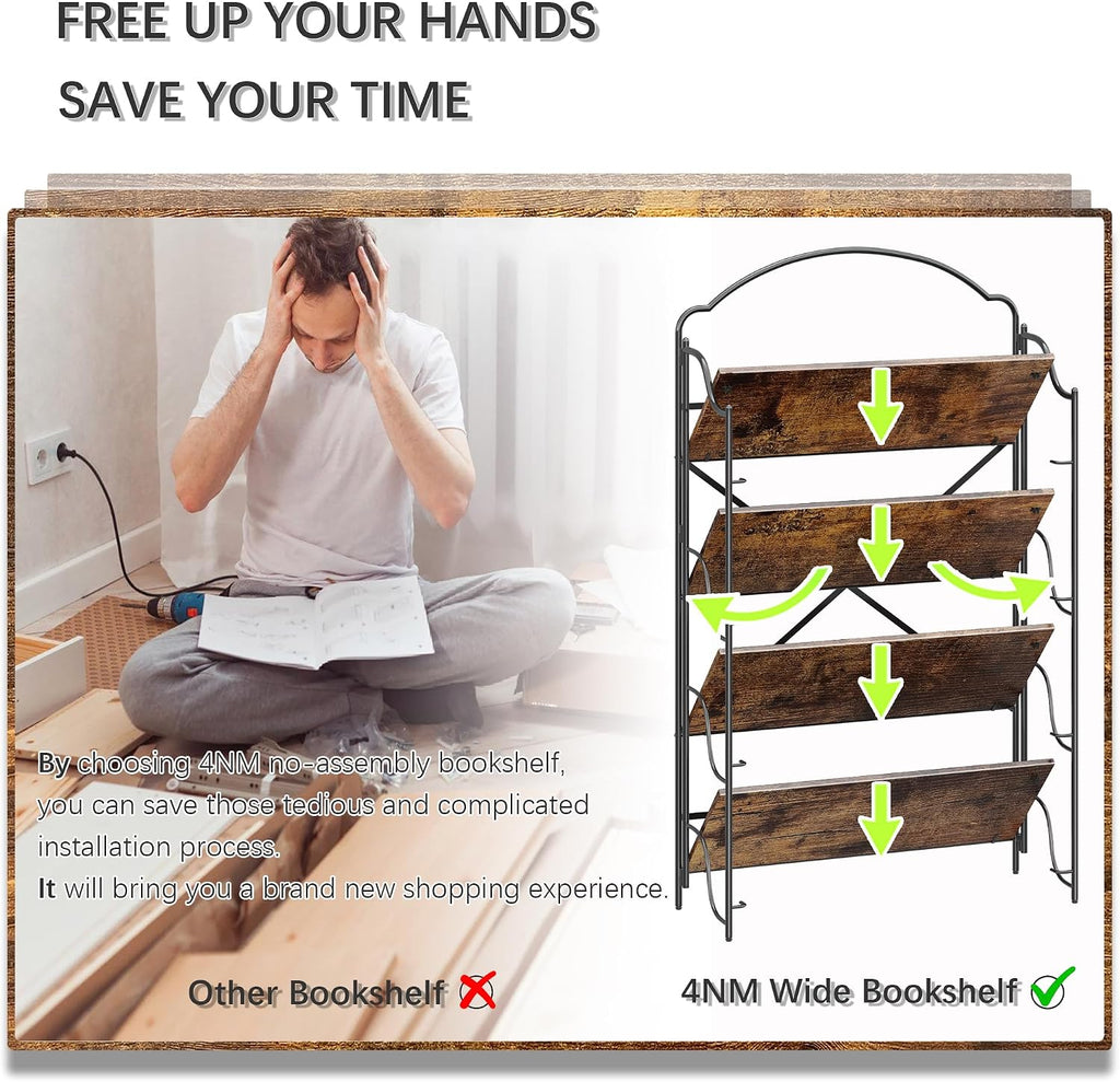 4NM No Assembly Folding Bookshelf for Living Room, 4 Tiers Collapsible Book Shelves Open Industrial Foldable Bookcase Storage Shelf for Home Office - Rustic Brown Black
