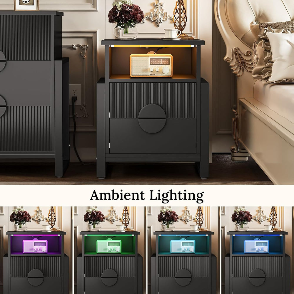 LGHM Set of 2 Fluted Nightstand with Charger Station Strip Lights, 20.47&quot...