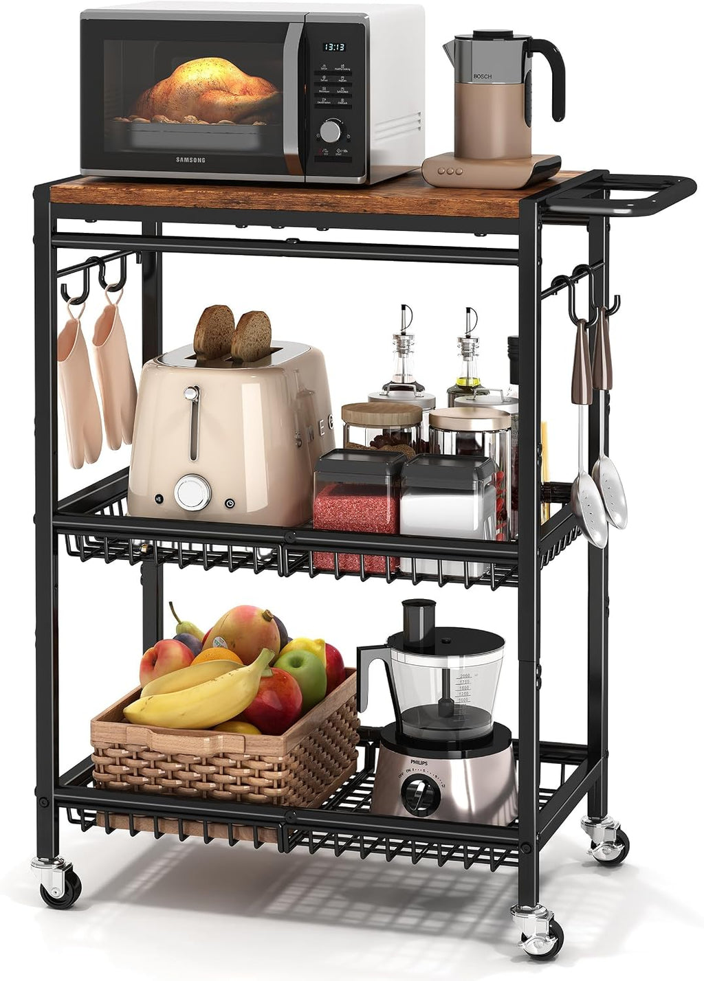 Microwave Kitchen Cart with Push Handle, 3 Tier Rolling Cart with 2 Lockable Wheels, Vintage Kitchen Storage Cart with 210Lbs Capacity for Kitchen Island, Restaurant, Coffee Bar, Living Room, Office