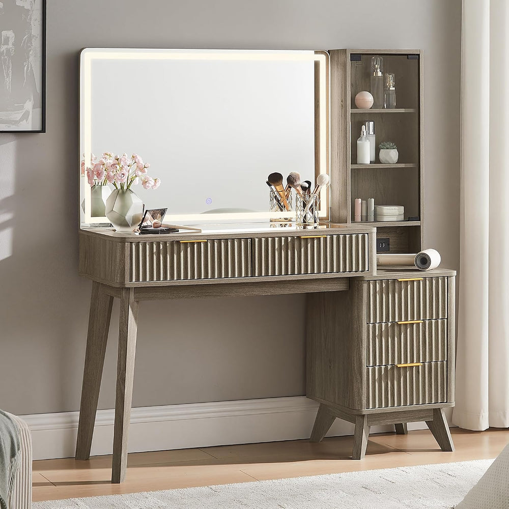 T4TREAM 48" Fluted Makeup Vanity Desk with 36" Lighted Mirror, Brow...