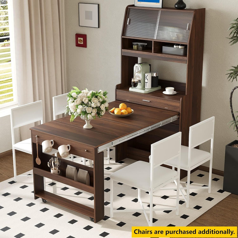 L-Shaped Kitchen Pantry with Hutch and Foldable Dining Table, Sideboard Buffe...