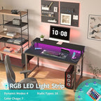 Lufeiya Small Desk with Power Outlets and LED Lights, 32 Inch Teen Writing Study Table Home Office Computer Desks with Monitor Stand, Gaming Desk with Charging Station, Black