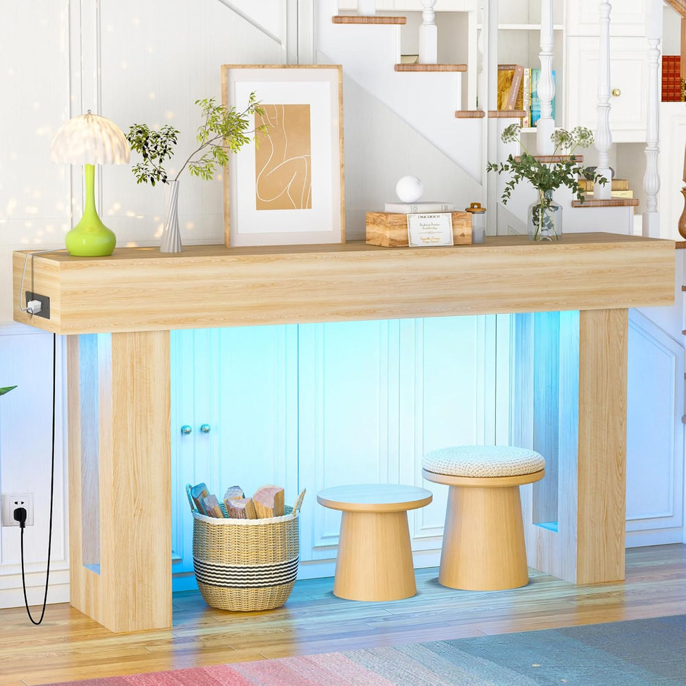 Depeht 63" Long Console Table with Power Outlet, LED Lights and Storage ...