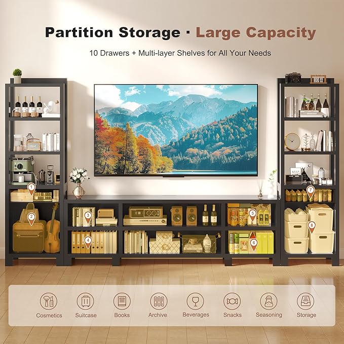 94" W Entertainment Center with Bookshelves & Storage, Large Wall Unit TV Stand for TVs up to 70", Modern White Wood Media Console with Power Hub for Living Room (Black)