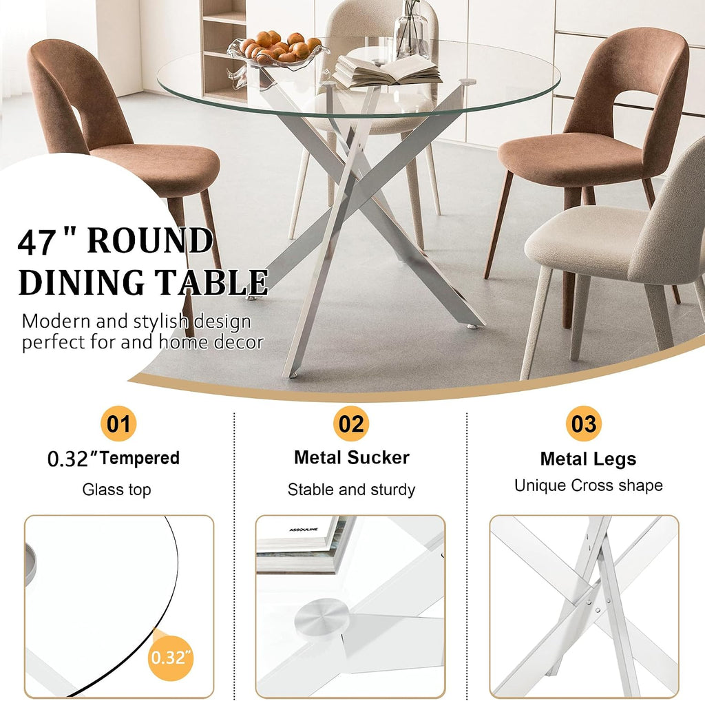 5 Piece Round Dining Table Set for 4, Modern Glass Kitchen Dining Room Table Set for 4, 47" Circle Silver Glass Metal Dining Table with 4 Grey PU Leather Dining Chairs for Kitchen Dining Room