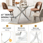 5 Piece Round Dining Table Set for 4, Modern Glass Kitchen Dining Room Table Set for 4, 47" Circle Silver Glass Metal Dining Table with 4 Grey PU Leather Dining Chairs for Kitchen Dining Room