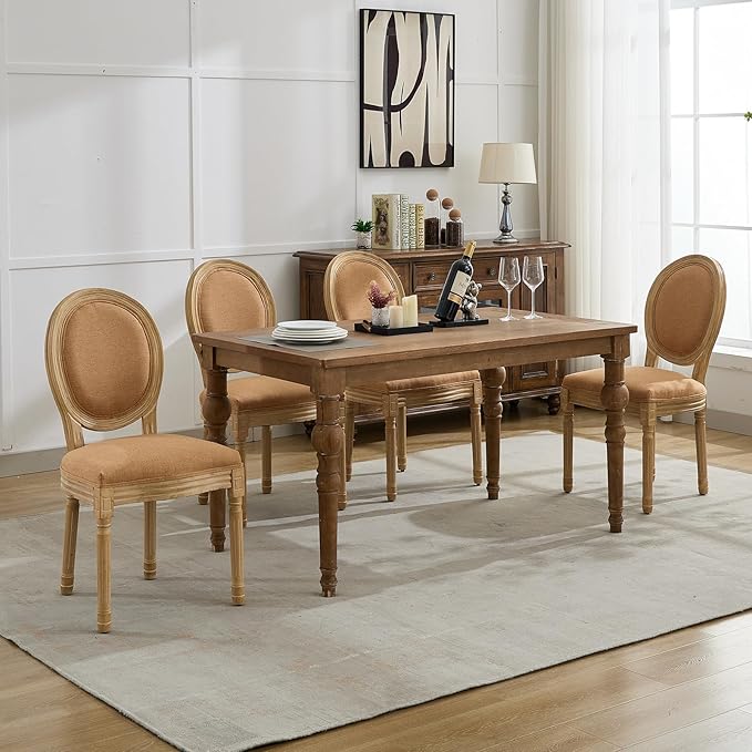 French Country Dining Chairs Set of 6, Caramel Kitchen & Dining Room Chairs Set of 6, Linen Upholstered Dining Chairs, Wood Legs, Sillas De Comedor (Fabric, Amber, 6Pcs)