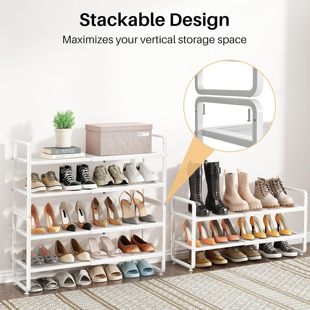 Expandable Metal Shoe Rack for Closet, Entryway & Garage, 2-Tier, White | Adjustable Height for Boots, Stackable Design, Dense Mesh Shelves for Heels, Fits Small Spaces, Apartments and Rentals