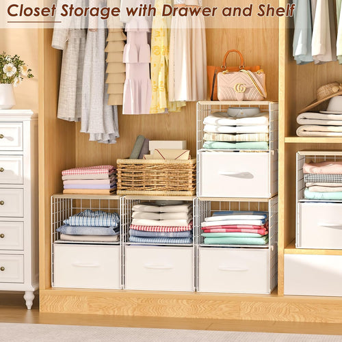 2 Pack Stackable Storage Drawers, Closet Organizers and Storage Shelves with Wooden Top & Adjustable Dividers, White Fabric Closet Drawer Organizer, Modular Storage Bins for Bedroom Wardrobe Apartment