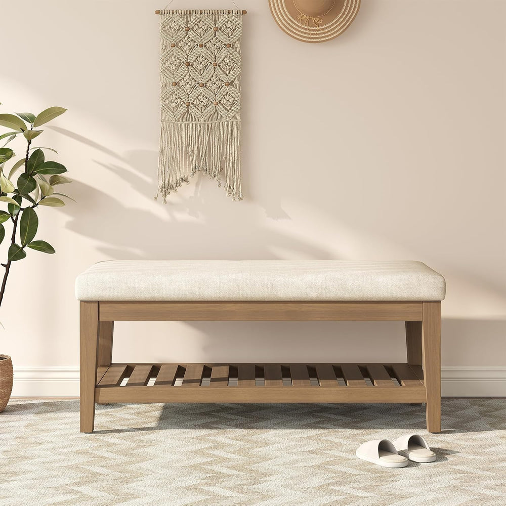 Apicizon 45" Shoe Rack Bench with Cushion, Solid Rubberwood Entryway Ben...