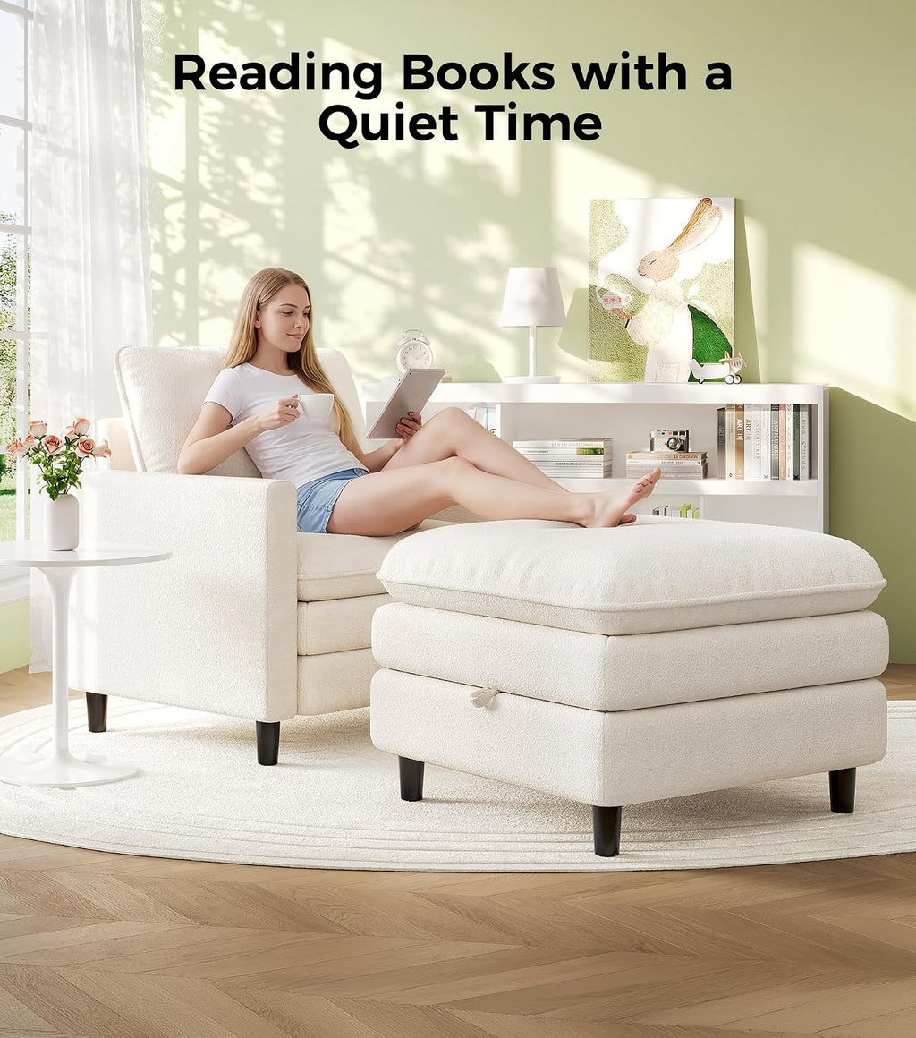 Welzona 3-Layers Cloud Accent Chair with Ottoman, 33" Teddy Reading Chair | Comfy Teddy Fabric, Washable Covers, Tool-Free Setup, All-wood Arm Chair and Ottoman Sets for Living Room, Bedroom, Beige
