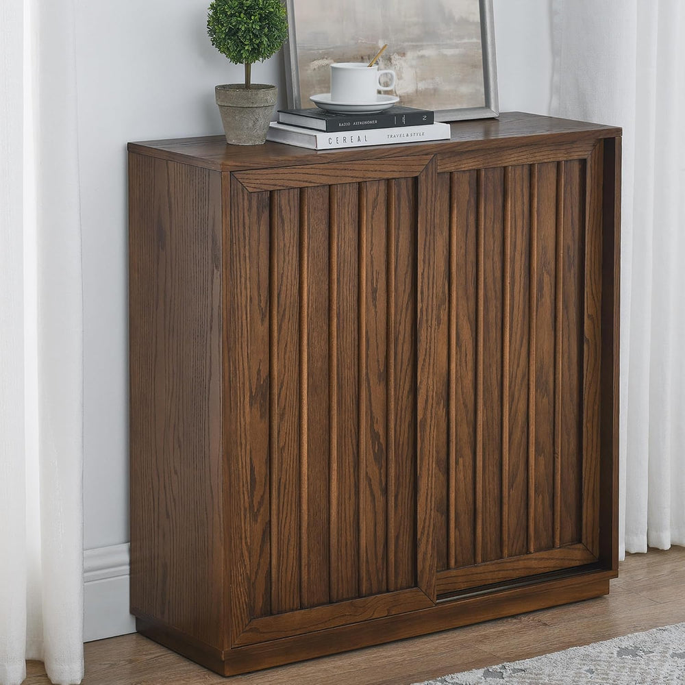 Mid Century Modern Sideboard Cabinet | Slim Fluted Credenza with Sliding Door...