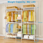 Ulif E4 Clothes Rack, Heavy-Duty Garment Rack, Metal Freestanding Clothing Organization Storage System Can Be L-shaped with Shelves and Hangers, Max Load 962lbs, 71.6" W x 14.5" D x 79.3" H, White