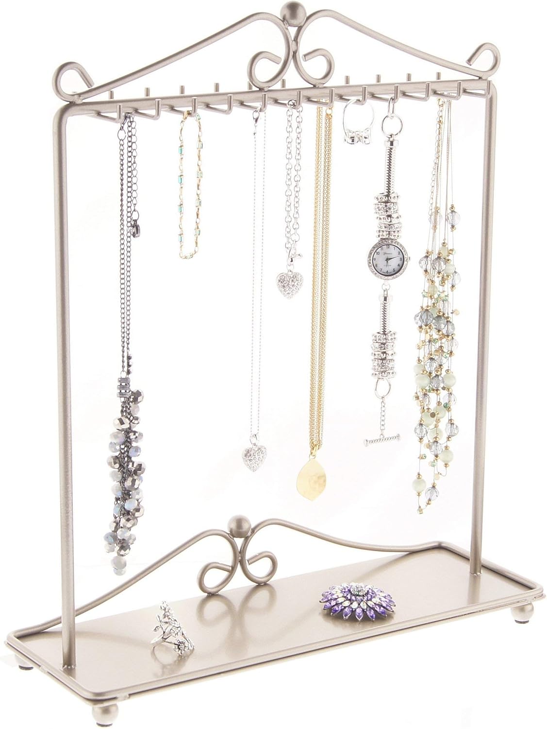 Angelynn's Sturdy Long Necklace Holder Organizer Tall Tabletop Pendant Display Stand, Freestanding Large Capacity Jewelry Tree, Calla Satin Nickel Silver 13 1/2" Wide x 15 3/4" Tall