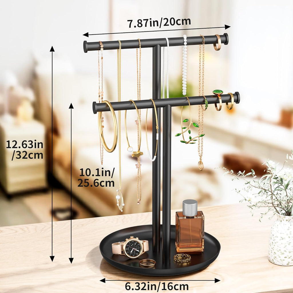 Necklace Rack Stand with Storage Tray - 2 Rods T-Shaped Jewelry Holder Stand for Bracelets, Earrings, Rings | Elegant Vanity & Dresser Top Storage for Women, Black.