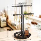 Necklace Rack Stand with Storage Tray - 2 Rods T-Shaped Jewelry Holder Stand for Bracelets, Earrings, Rings | Elegant Vanity & Dresser Top Storage for Women, Black.