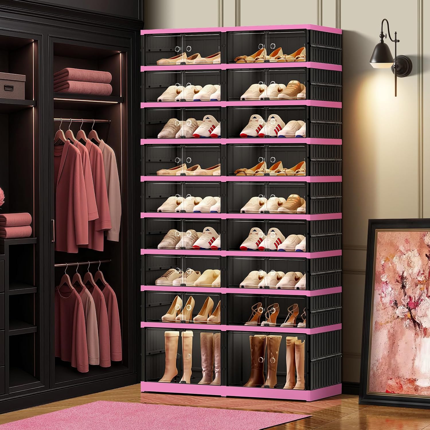 CIMLORD 9-Tier Foldable Shoe Rack Organizer with Door, 36 Pairs, Black-Pink | Collapsible Large Shoe Rack for 36 Pairs, Fits Boots, Wide Stackable, Clear Door, Lidded Boxes, Easy Assembly, for Closet
