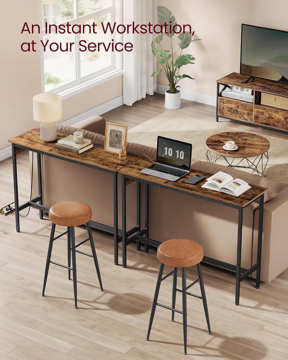 VASAGLE Bar Table with Power Outlets, Computer Desk, 47.2" W | Stable Me...