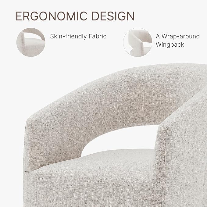 Upholstered Dining Chairs with Casters, No Assembly Modern Barrel Armchair with Rollers for Dining Room, Bedroom, Living Room, Reading Room, Home Office, Set of 4, Beige