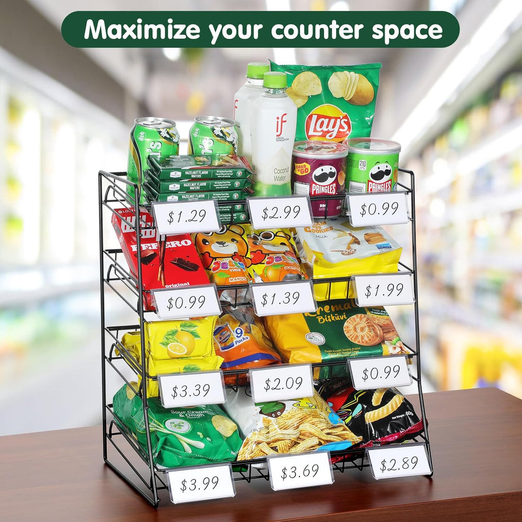 4-Tier Black Stackable Candy Display Rack, Snack Organizer For Countertop, Stores, Offices with 12 Signs and 30 Labels (Black-1 Pack)