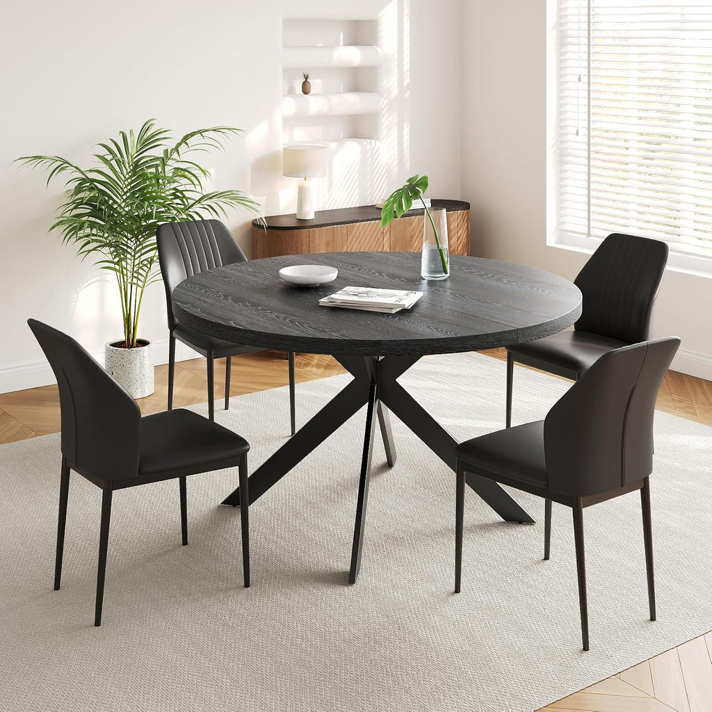 Zerifevni 45.3" Round Dining Table Set for 4, Wooden Round Dining Table with Chairs for 4-6 Person, w/Metal Legs, Coffee Table for Kitchen Dining Room, Living Room, Office