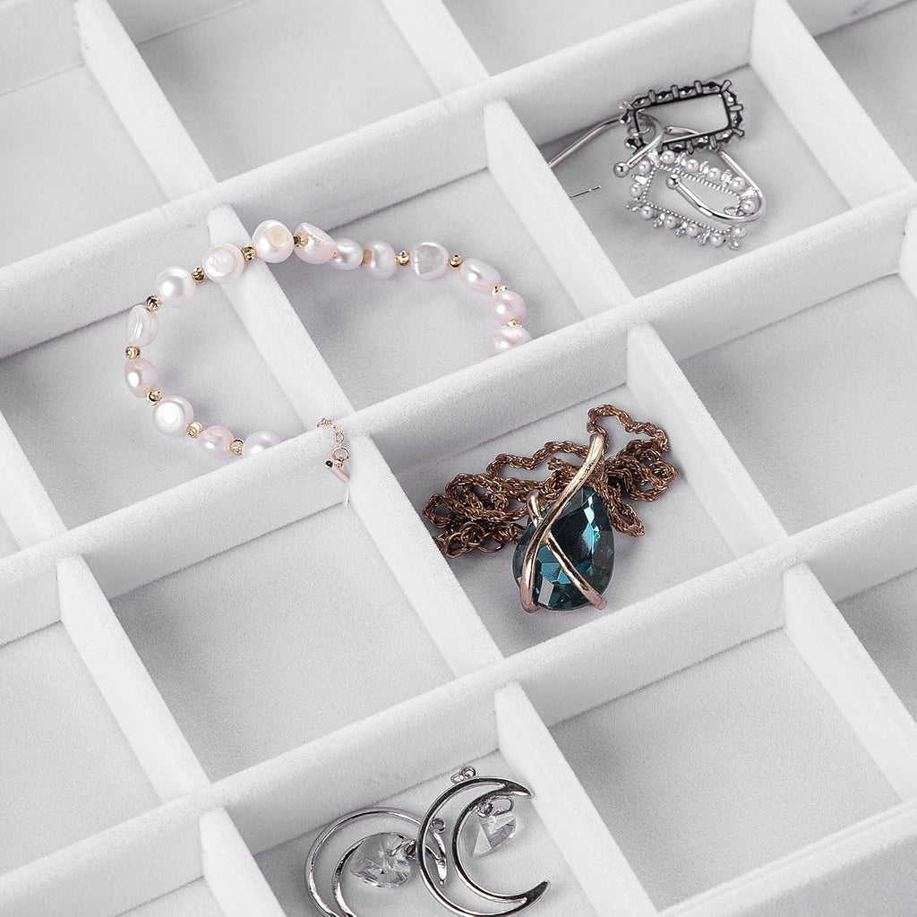Frebeauty Velvet Jewelry Tray,12 Grid Jewelry Organizer with Clear Lid,Bracelets Holder,Jewelry Display Case with Clasp,Drawer Insert Bangle Brooch,13.8 x 9.5 x 2 Inches,Gift for Women Girls(White)