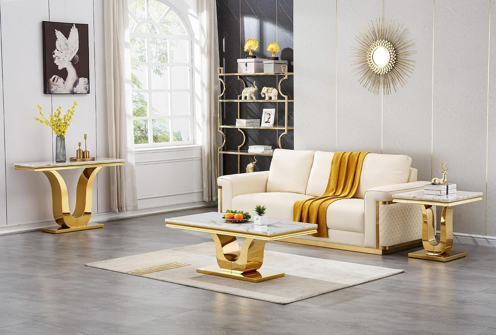 23'' Faux Marble End Table with High-Gloss U Base, Rectangular Marble...