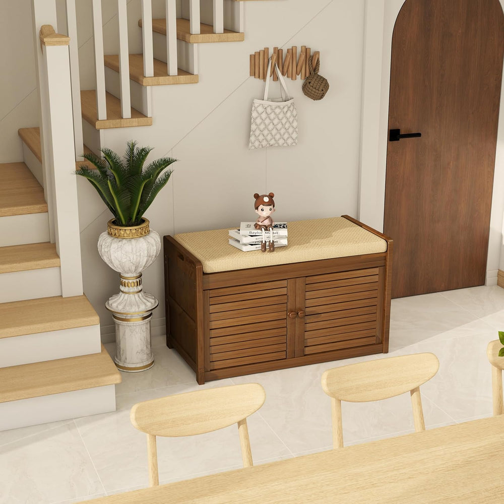 Wilk Shoe Storage Bench, 2-Tier Shoe Cabinet with Padded Seat Cushion, Bamboo...