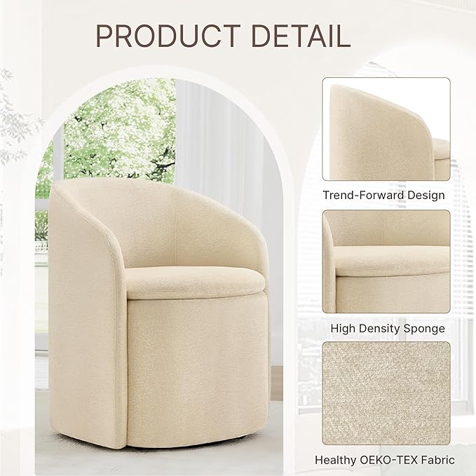 Upholstered Dining Chairs with Casters, No Assembly Rolling Modern Dining Room Chairs with Hidden Storage & Barrel Backrest, Accent Chair for Bedroom, Living Room, Dressing, Sand, Set of 2