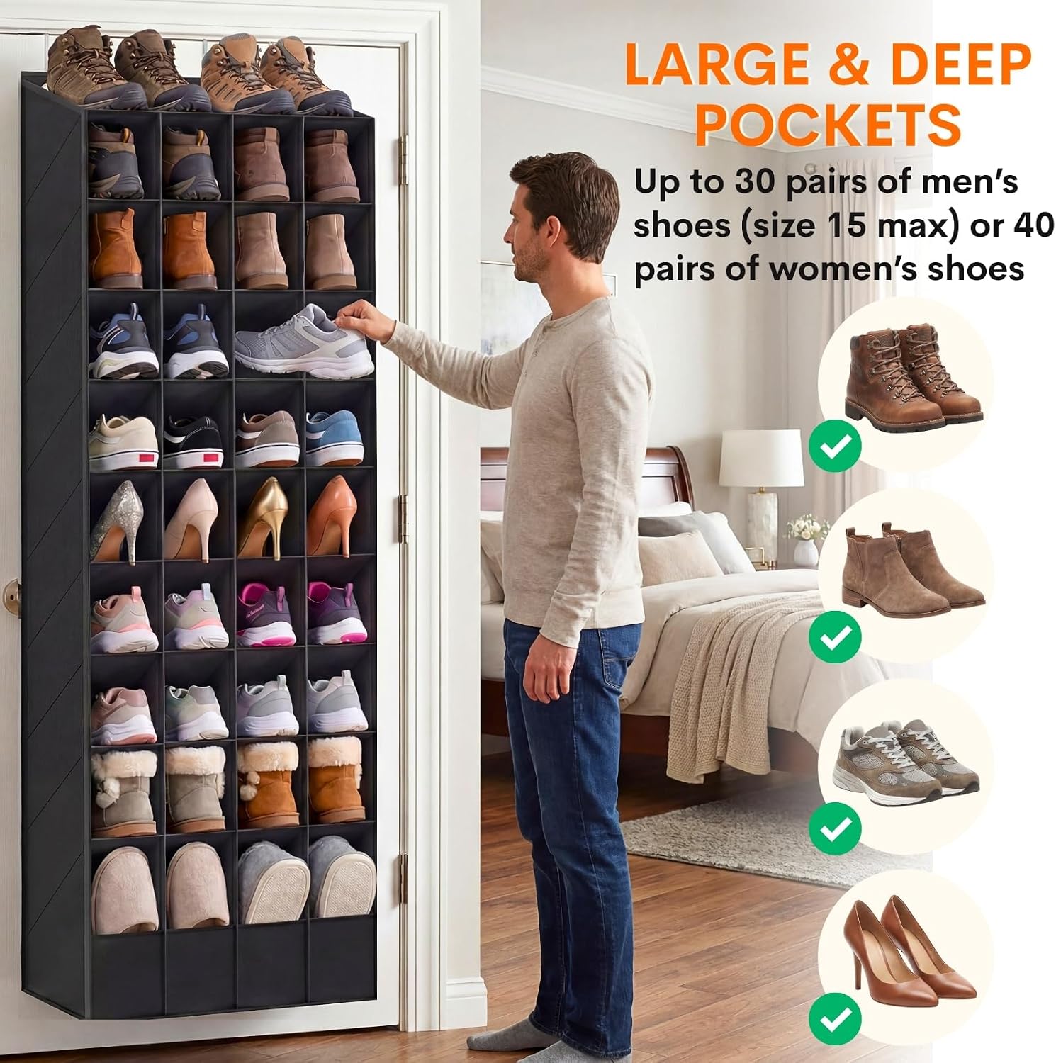 Ofiray-home Over the Door Shoe Organizer, 30-40 Pairs | Large & Deep Pockets, Fits Boots, Sneakers or Larger Shoes, Space-Saving, For Bedroom, Small Closet, Entryway