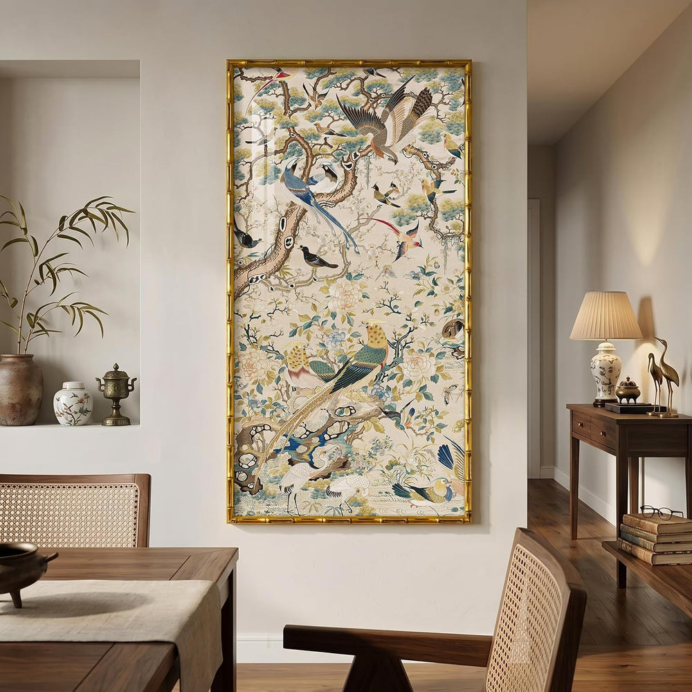 Large Vintage Gold Framed Chinoiserie Wall Art for Living Room, 60x30 Inch