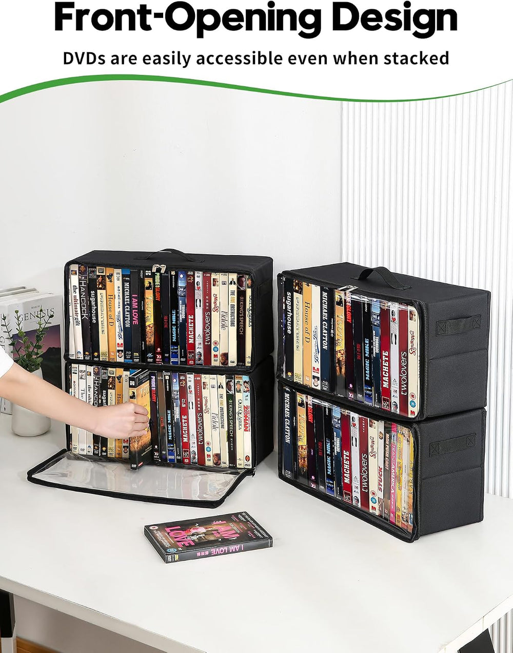 4-Pack DVD Storage Box, Stackable DVD Case Holder Organizer with Front Zipper...