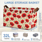 Vintage Poppy Flower Storage Baskets,Foldable Large Capacity Organizer Bins with Waterproof Lining and Leather Handles for Closet,Shelf,Bedroom 17x11.5x10Inch
