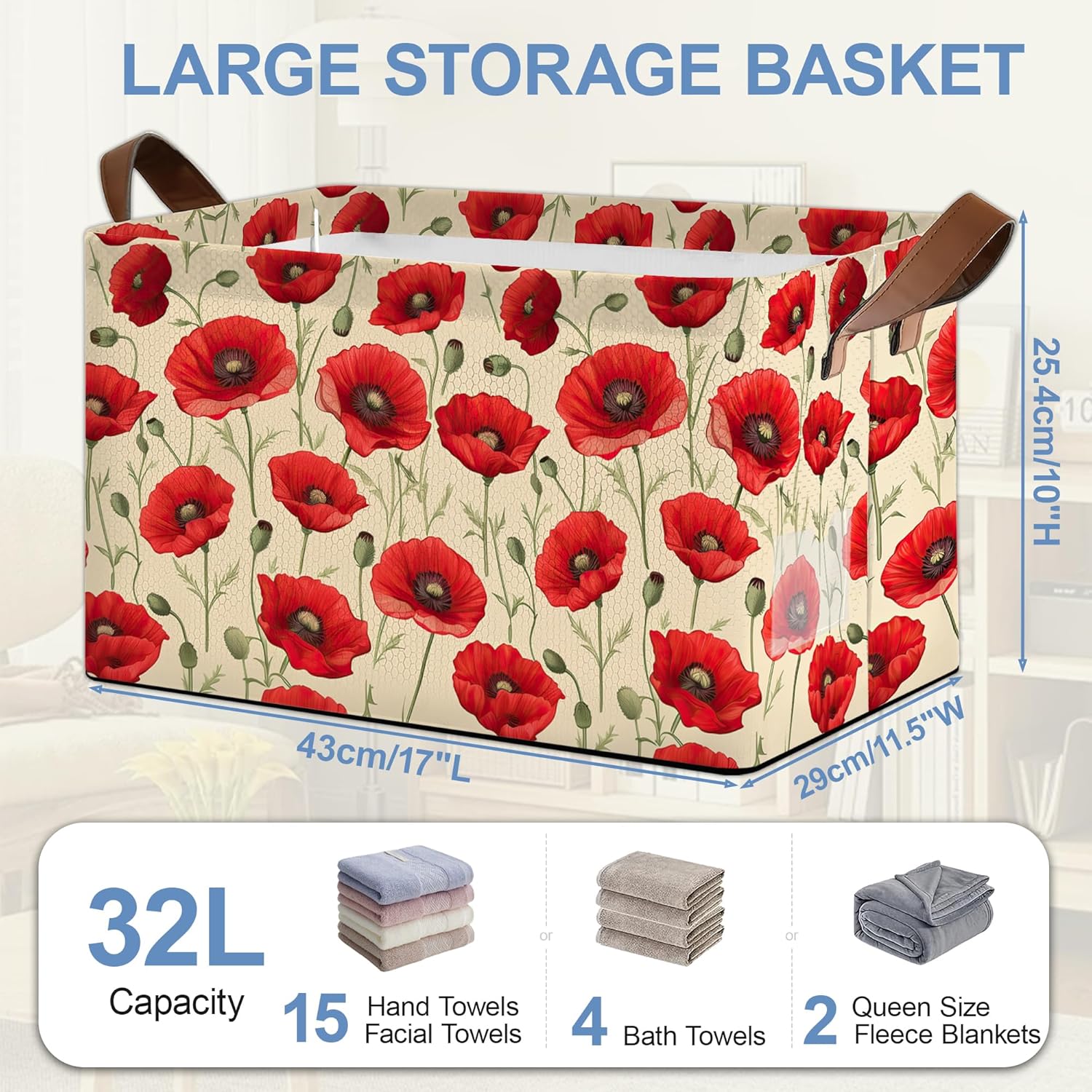 Vintage Poppy Flower Storage Baskets,Foldable Large Capacity Organizer Bins with Waterproof Lining and Leather Handles for Closet,Shelf,Bedroom 17x11.5x10Inch