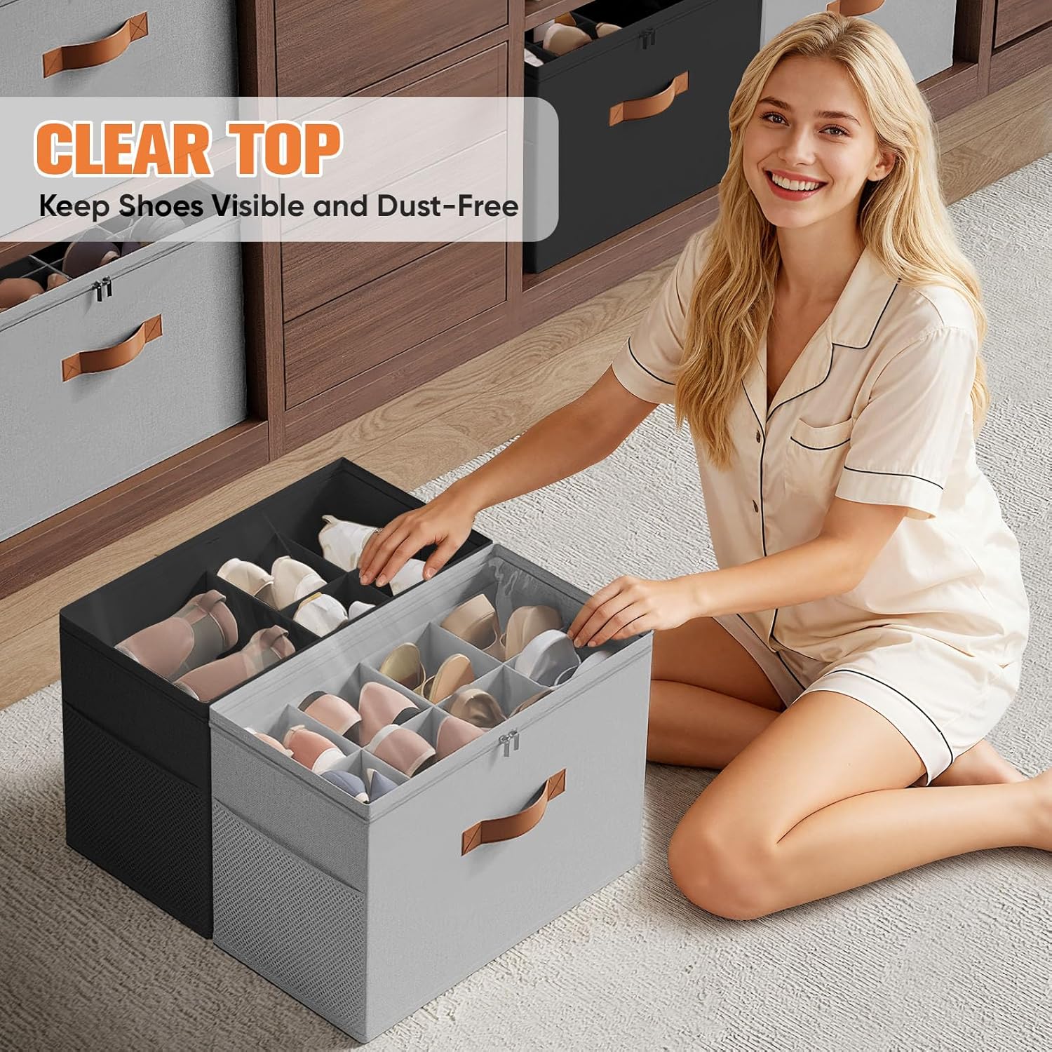 Shoe Organizer for Closet, 2 Pack Foldable Shoe Storage Organizer with Adjustable Dividers, Shoe Storage Box with Clear Cover, Fits up to 16 Pairs, Black & Gray