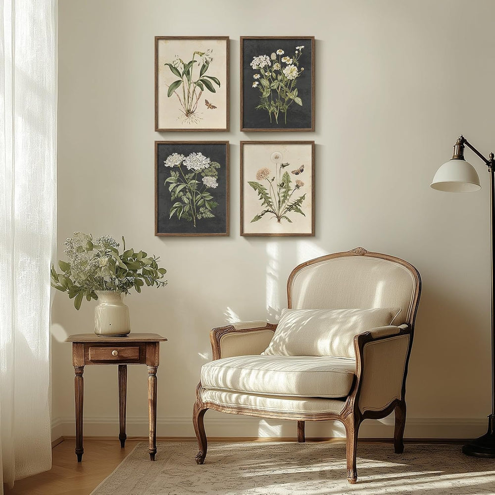 Framed Vintage Botanical Floral Wall Art for Bathroom, 4 Piece 8x10 In