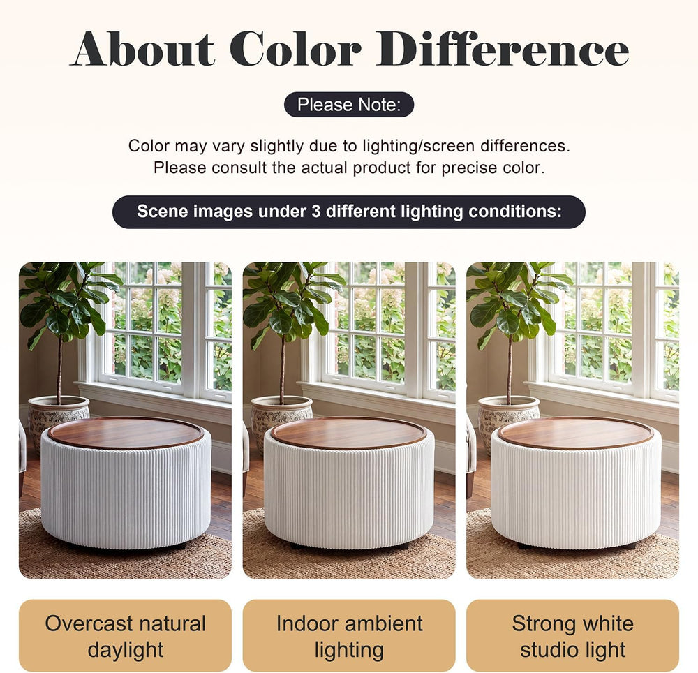 28” Round Storage Ottoman, Ottoman Coffee Table with Tray, Corduroy | Modern ...