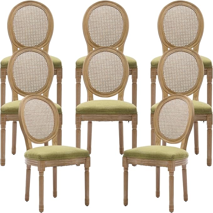 French Country Dining Chairs Set of 8, Olive Green Kitchen & Dining Room Chairs Set of 8, Rattan Dining Chairs, Cane Back, Wood Legs, Sillas De Comedor (Rattan, Olive Green, 8Pcs)