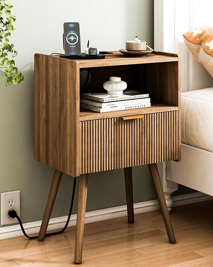 Nightstand with Outlet,Modern Bedside Table with Storage Drawer and Open Wood...