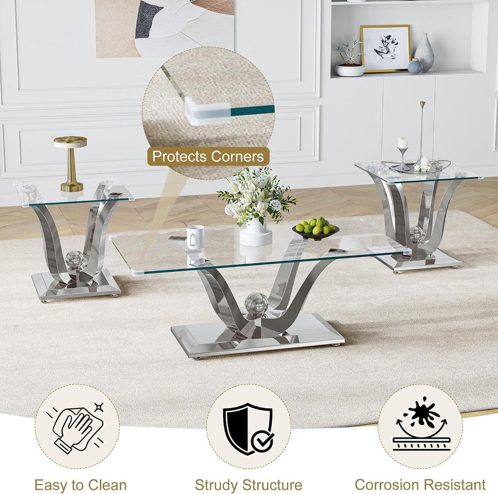 Rectangular Glass Coffee Table Set of 3- Modern Center and 2 End Tables, Clea...