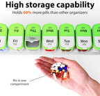 Extra Large Weekly Pill Organizer - XL Vitamin Holder with 7 Detachable AM PM Compartments - Portable Medicine Dispenser for Home and Travel, Big Supplement Container for Weekly or Daily Use, Green