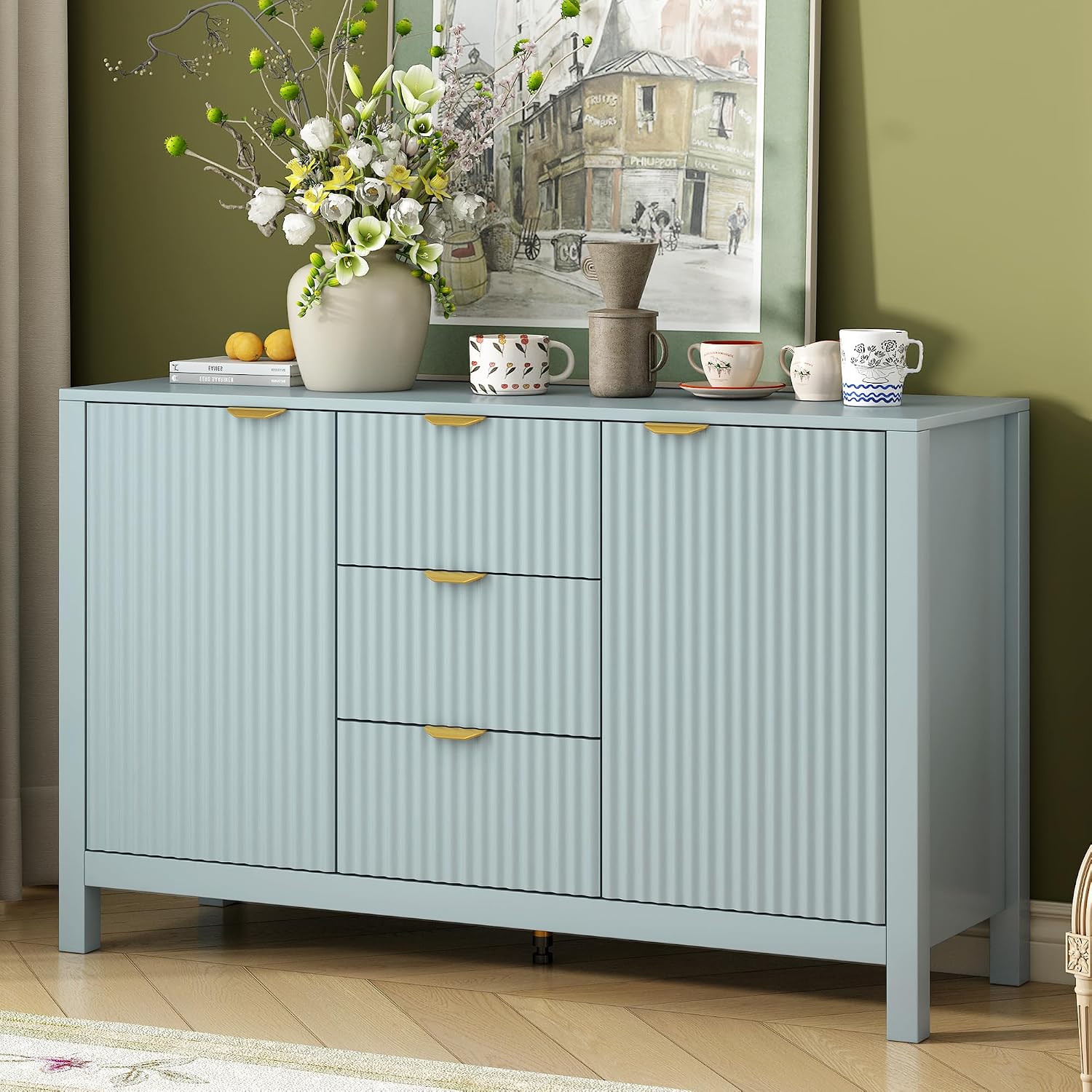 Sideboard with Wave Design - 3 Adjustable Shelves, 3 Drawers & Soft-Close Doors, Storage Console Table with Metal Handles, Suitable for Study, Hallway and Living Room, 3 Colors (Cyan + MDF)