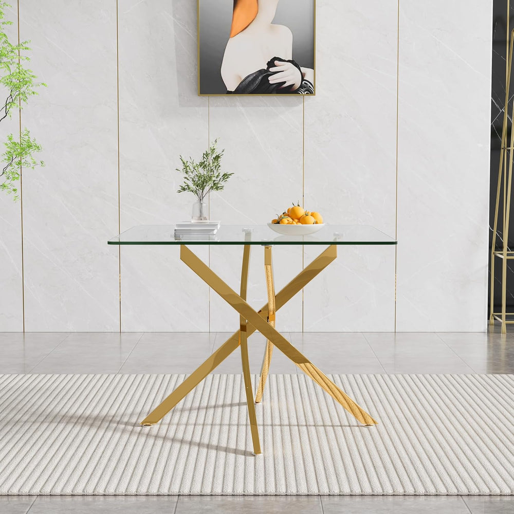 Square Dining Table for 4, 36 Inch Glass Kitchen Table with Gold X Metal Legs...