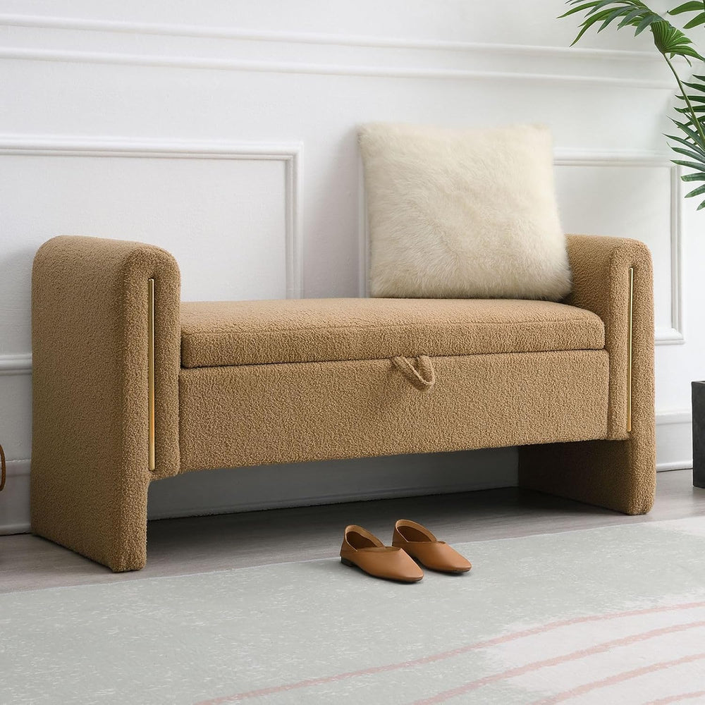 52" Upholstered Storage Bench, Brown, Armrests, Wood Frame | Mid-century...