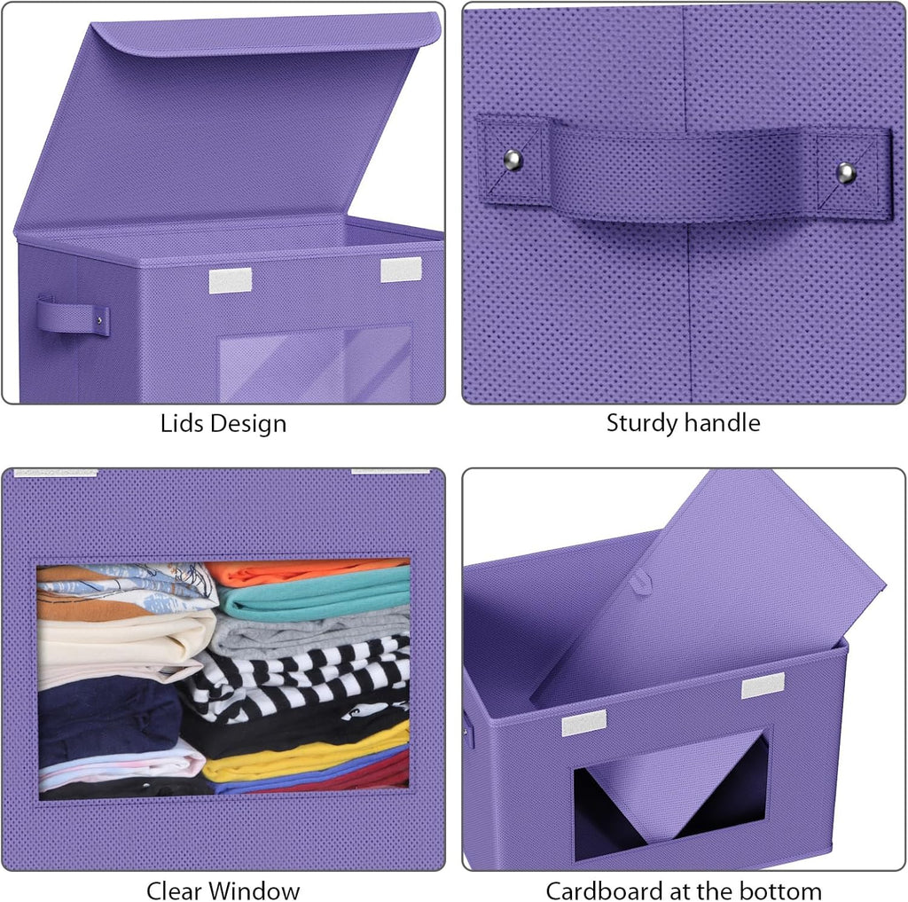 Univivi Storage Bins with Lids [4-Pack] Fabric Lidded Storage Baskets Stackable Closet Storage Bins, Closet Organizers and Storage with Lid & Clear Window for Home, Office, Bedroom (Purple)