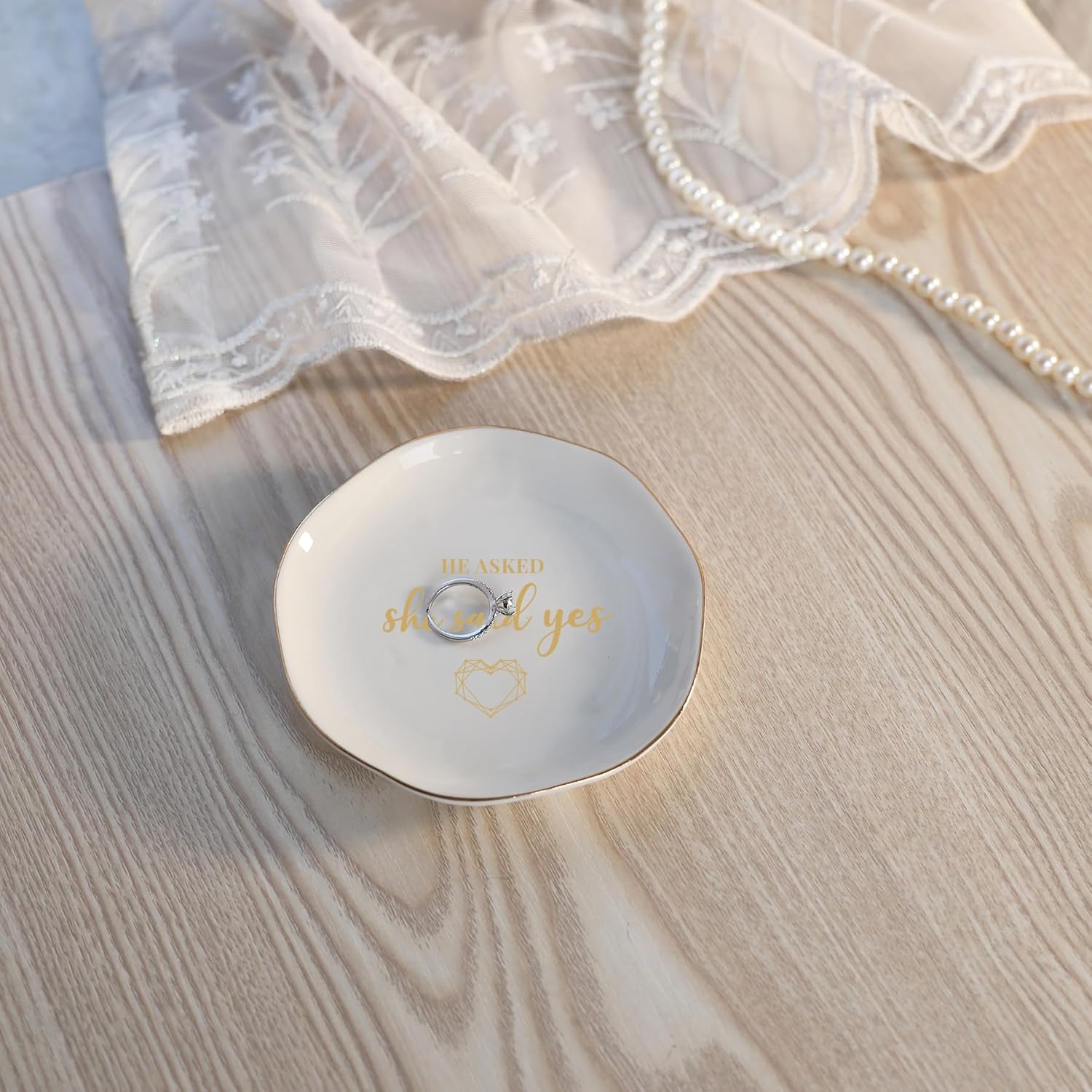 HOME SMILE He Asked and She Said Yes Ring Dish-Wedding Engagement Gifts for Women Bride to Be,Ceramic White