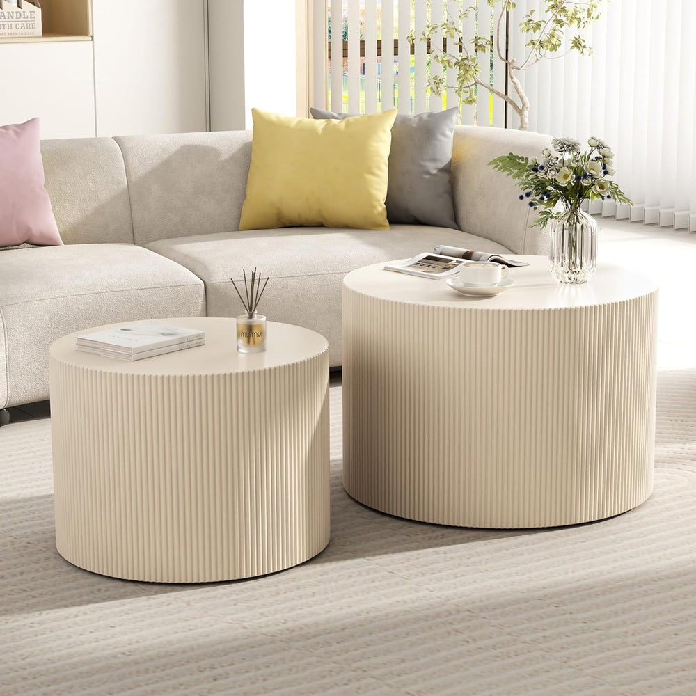 Round Coffee Table Set of 2, Modern Wooden Beige Nesting Coffee Tables for Li...